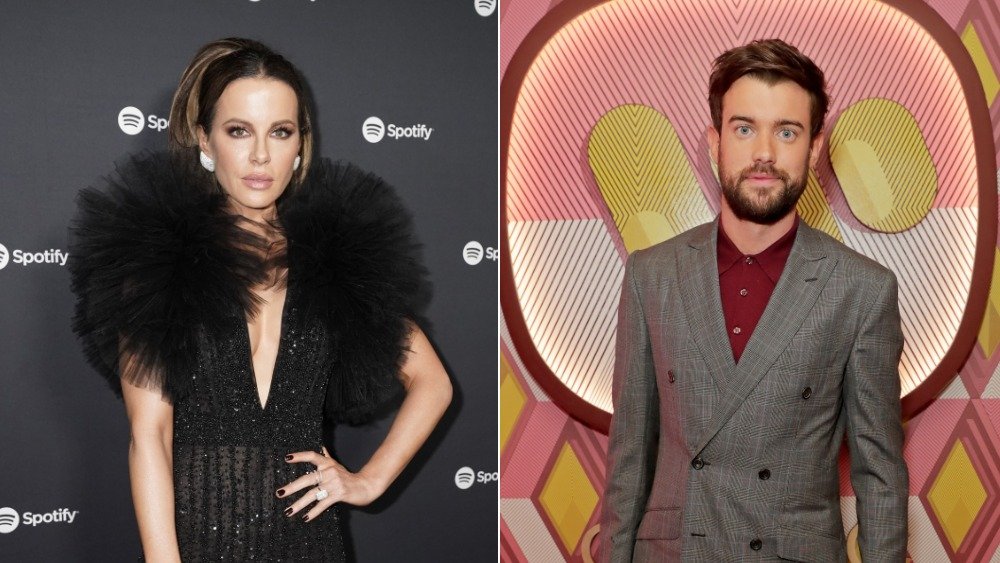 Kate Beckinsale con un vestido borroso y Jack Whitehall con un traje gris