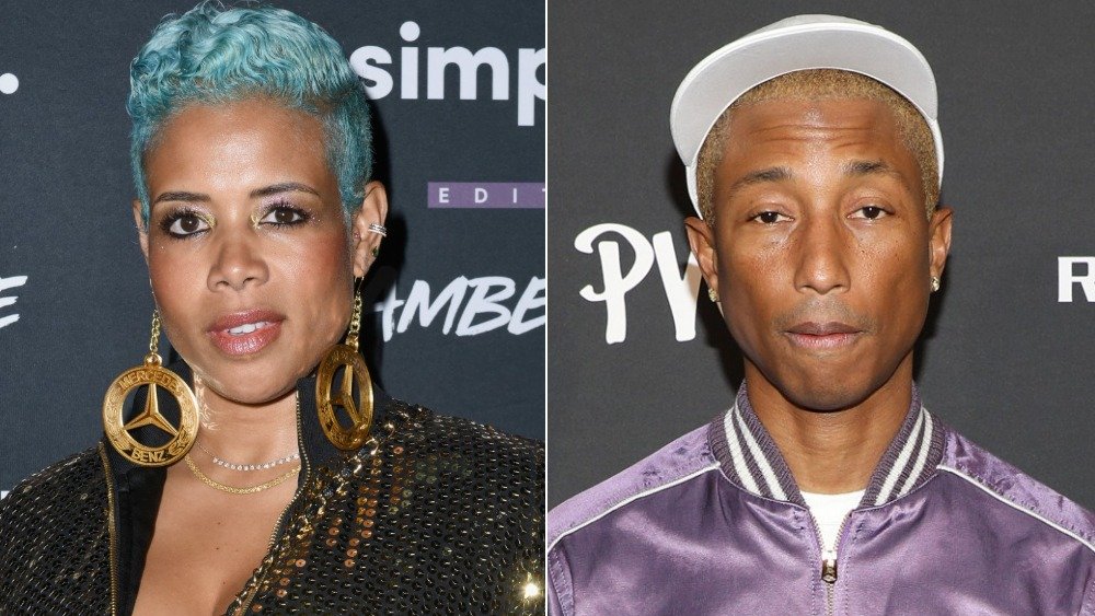 Kelis con el pelo azul corto, Pharrell Williams en un bombardero de seda púrpura