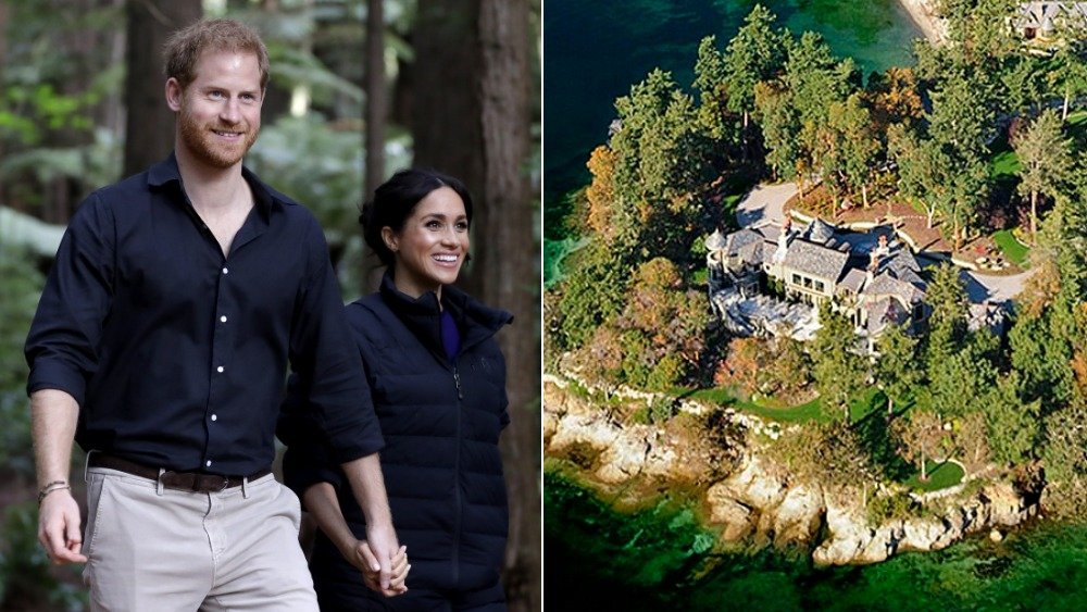 Imagen dividida del Príncipe Harry, Meghan Markle vestida casualmente, tomados de la mano y sonriendo mientras caminaba por el bosque, y la casa en Canadá donde se quedaron