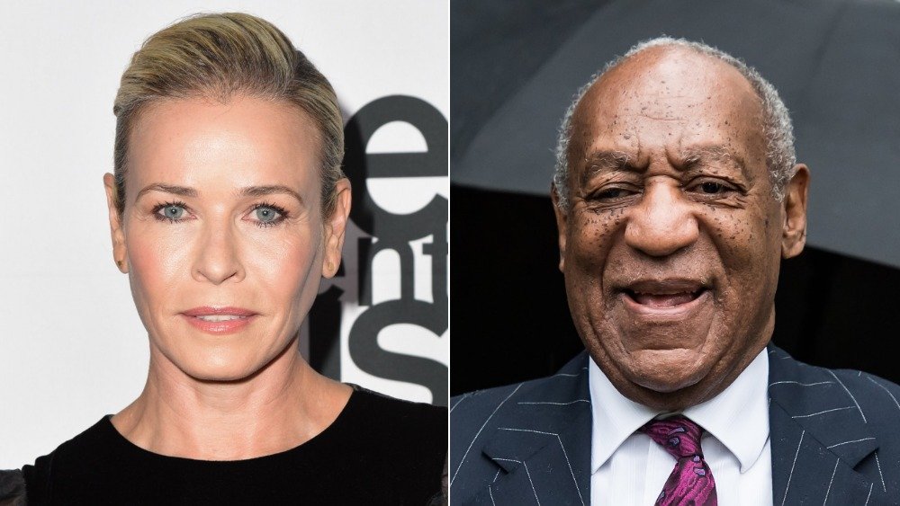 Imagen dividida de Chelsea Handler con una expresión seria, y Bill Cosby antes de su sentencia de 2018