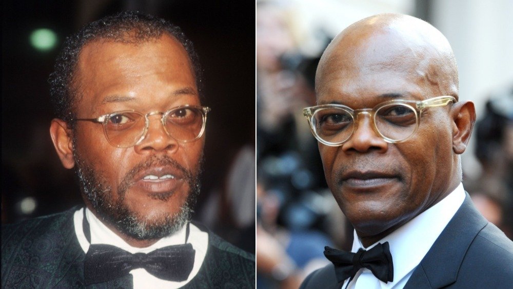 Samuel L. Jackson con gafas y cabello a la izquierda, Samuel L. Jackson con gafas y cabeza calva a la derecha