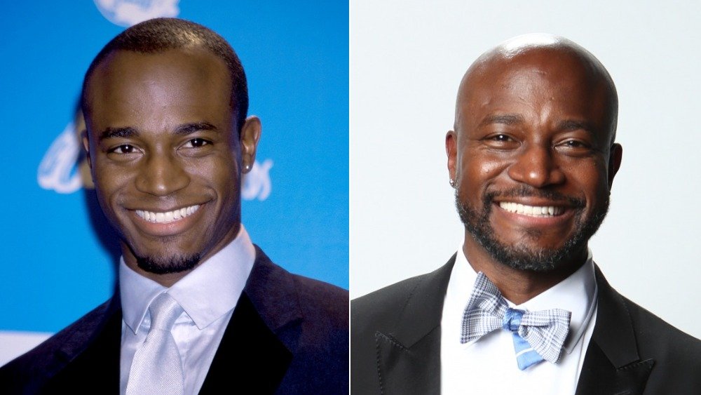 Taye Diggs frente a la pared azul con cabello corto (izquierda), calvo en traje (derecha)