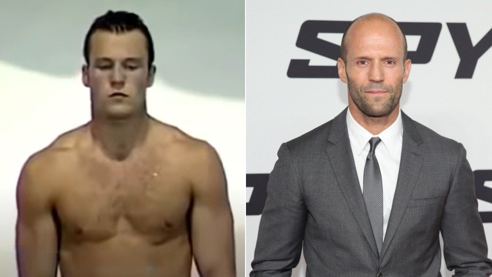 Jason Statham en una competencia de natación (izquierda), Jason Statham calvo y con traje (derecha)