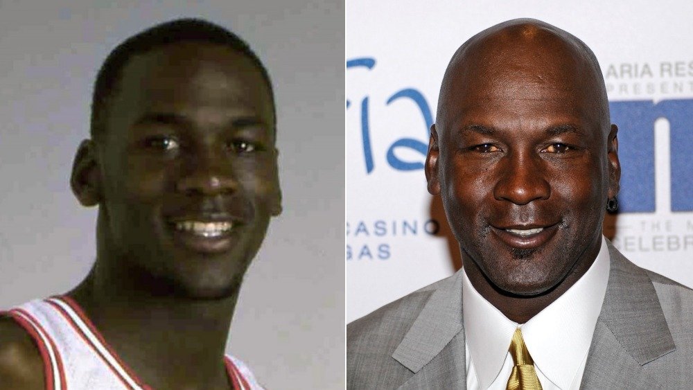 Michael Jordan en jersey y con pelo (izquierda), en traje gris y calvo (derecha)