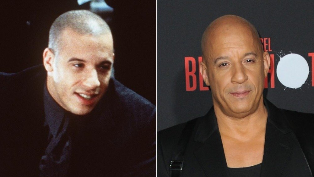 Vin Diesel joven con el pelo muy corto (izquierda), Vin Diesel actual (calvo)