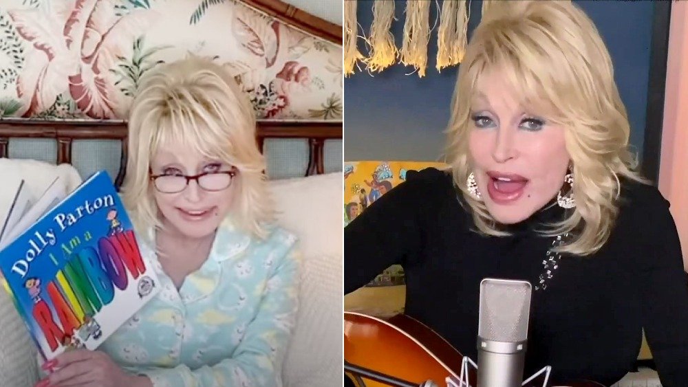 Imagen dividida de Dolly Parton leyendo cuentos para dormir y cantando en 2020 a los 74 años