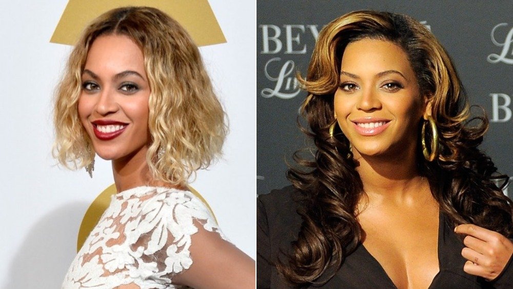 Imagen dividida de Beyoncé con el pelo rubio más corto, y mechones ombre más largos