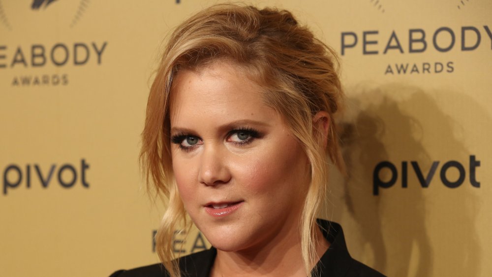 Amy Schumer en una chaqueta negra con el pelo en un up-do, posando con una pequeña sonrisa en los Peabody Awards