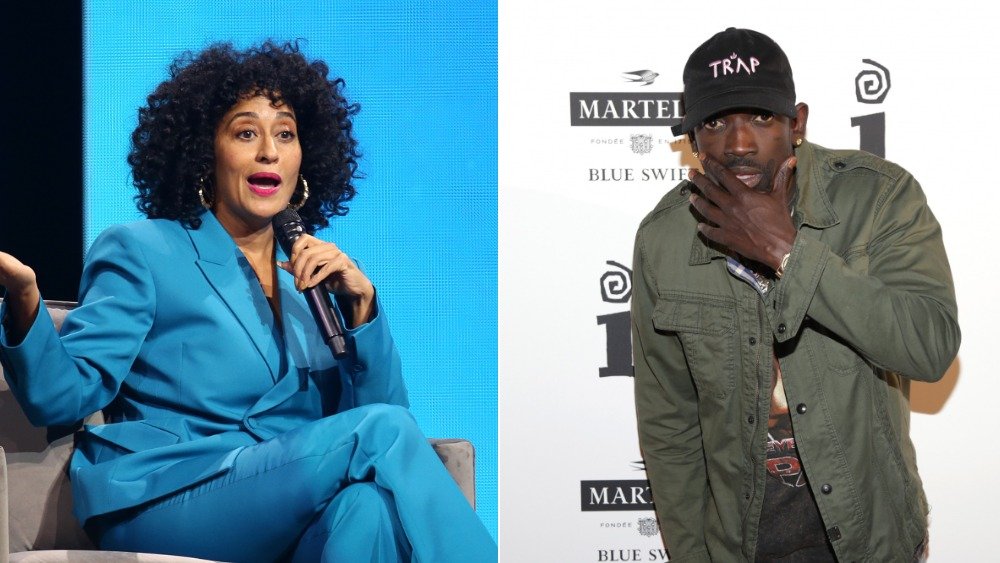 Imagen dividida de Tracee Ellis Ross sentado y hablando en un traje azul, Bu Thiam con una chaqueta verde y sombrero negro con una expresión sorprendida