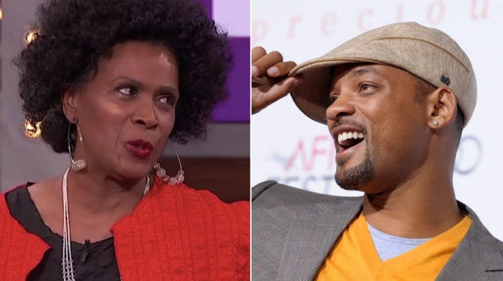 Janet Hubert en blazer rojo, Will Smith sonriendo con sombrero