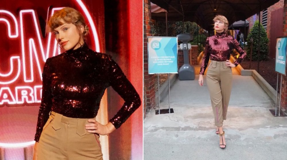 Taylor Swift en la parte superior de lentejuelas rojas y pantalones de color caqui