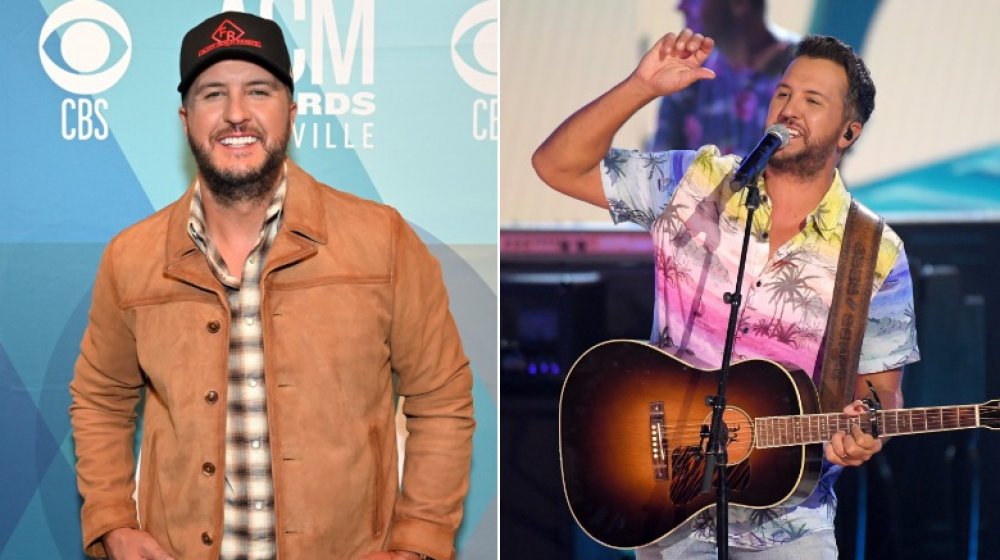 Luke Bryan con chaqueta de gamuza, Luke Bryan con una camisa hawaiana