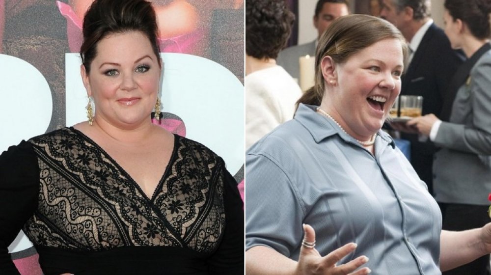 Imagen dividida de Melissa McCarthy en el estreno de bridesmaids, y como Megan Price en Bridesmaids