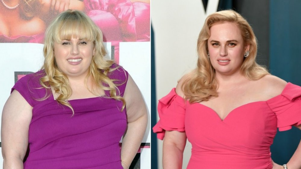 Rebel Wilson con un vestido morado a la izquierda, Rebel Wilson con un vestido rosa a la derecha