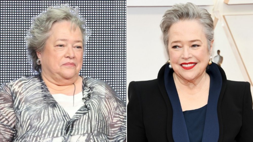 Kathy Bates en una mesa redonda para American Horror Story: Coven a la izquierda, y adelgazaba en los Oscar a la derecha