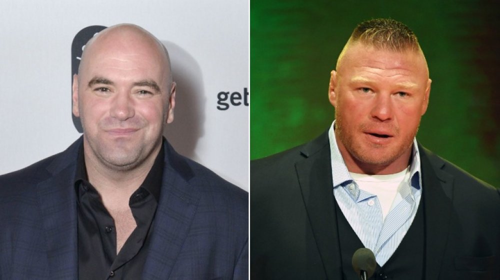 Dana White en 25th Anniversary Adweek Brand Genius Gala; Brock Lesnar en la conferencia de prensa de la WWE en 2019