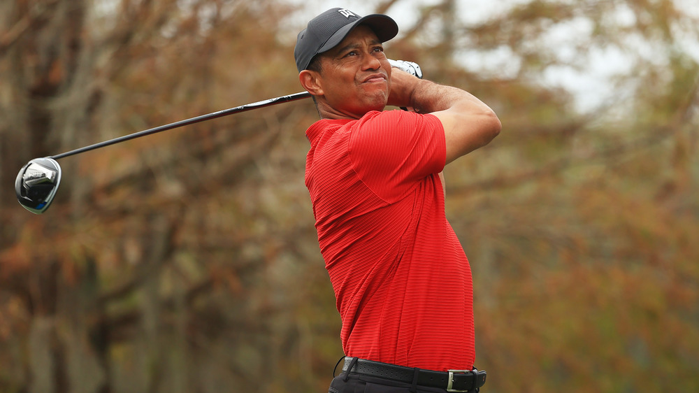 Tiger Woods balancea un palo de golf