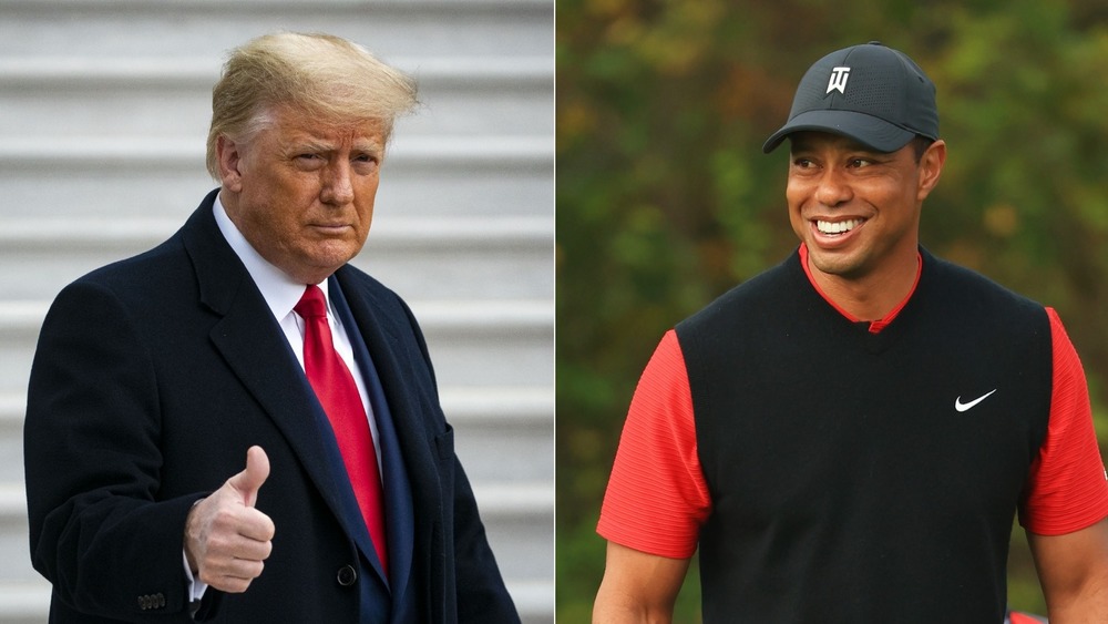 Donald Trump posa y Tiger Woods sonríe 