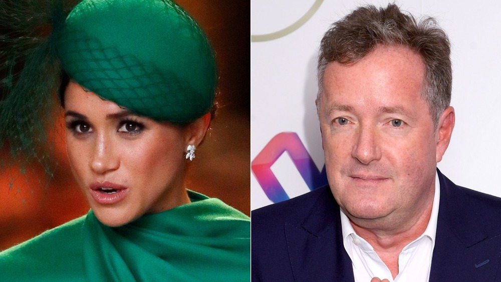 Meghan Markle hablando, Piers Morgan mirando 