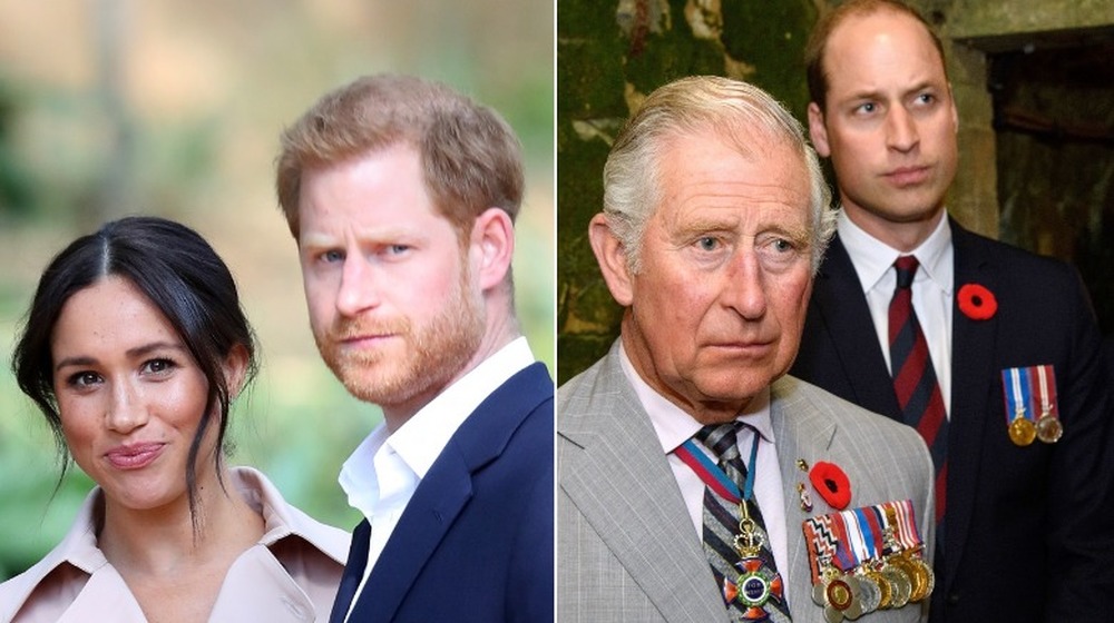 Meghan Markle y el príncipe Harry mirando hacia adelante;  El príncipe Carlos y el príncipe William juntos