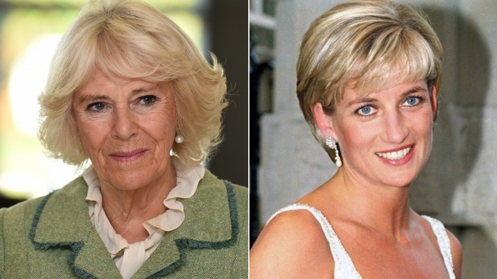 Camilla Parker Bowles sonriendo (izquierda), Princesa Diana sonriendo (derecha)