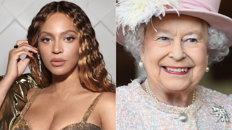 Beyoncé y la reina Isabel sonriendo