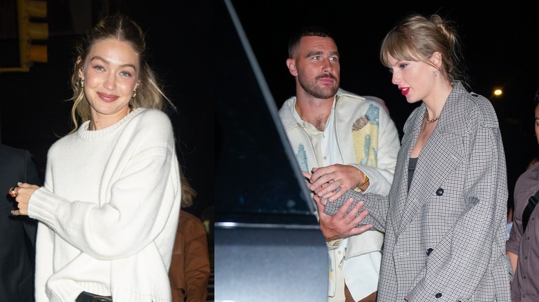 Gigi Hadid sonriendo; Travis Kelce sosteniendo la mano de Taylor Swift