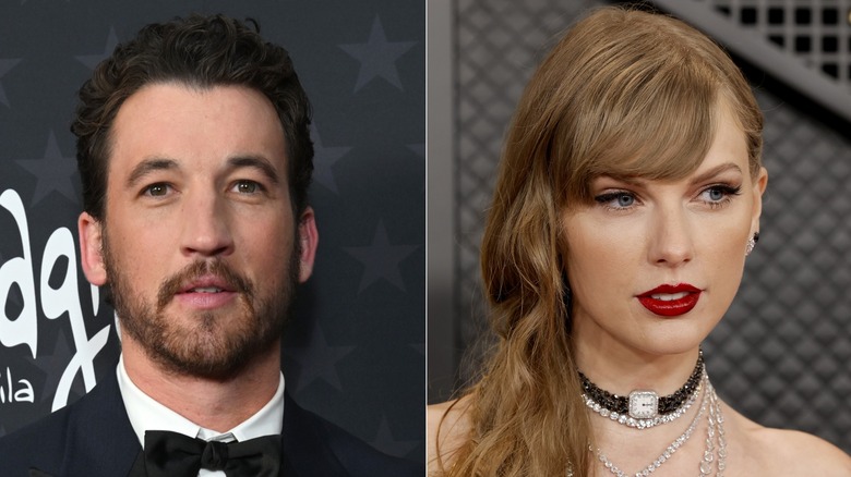 Imagen dividida de Miles Teller y Taylor Swift